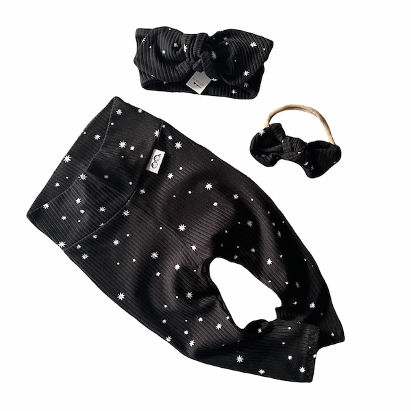 My Lucky Stars on Black Rib Leggings and/or Top Knot Headbands Set, Preemie Girl Clothes, Newborn Coming Home Outfit, Baby Pants & Bows Set