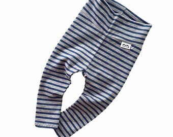 Navy Stripes on Heater Grey Leggings, Casual Newborn Pants, Cute Preemie Boy Clothes, Toddler Everyday Leggings, Minimal stripes, Cute Baby