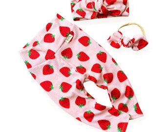 Pink Strawberry Baby Girl Leggings with Optional Top Knot, Bow or Clip, Pink Fruit Print Pants for Girls, Infant Fall Outfit Size Preemie–4T