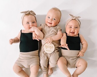 Latte Rib Knit Bummies and/or Top Knot Headband Set, Baby Girl Cute Outfit, Diaper Cover, Toddler High Waisted Shorts