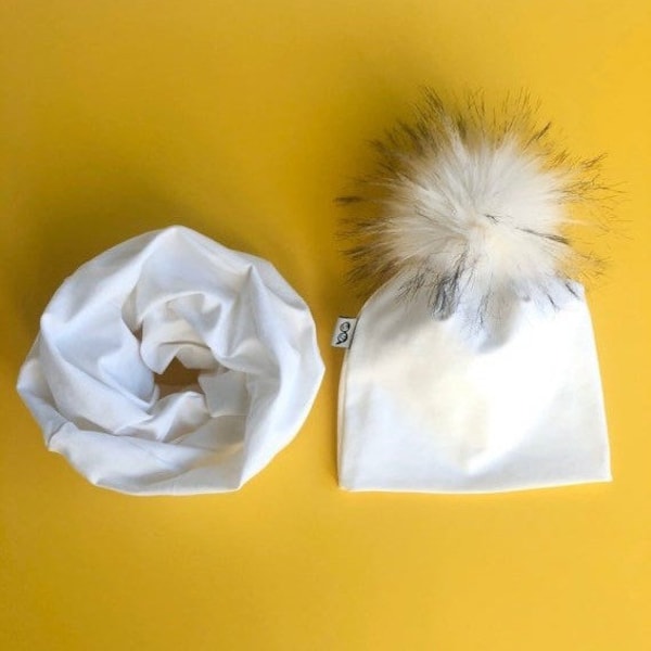 White Faux Fur Pom Pom Beanie and Infinity Scarf Set / Unisex Winter Fall Set / Newborn, Baby, Toddler, Kids Slouchy Pompom Hat