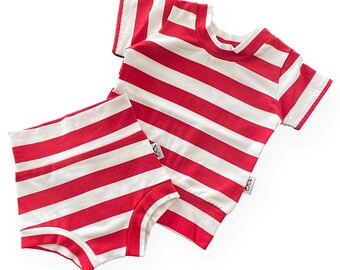 Red Striped Dudis Summer Lounge Set, Handmade Kids Tee and Shorts Set, Summer holiday outfit, Newborn Clothes, Toddler Fashion