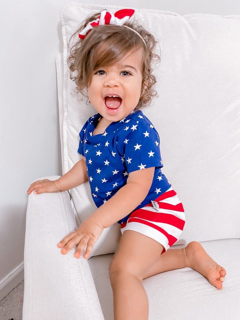 Navy Stars & Red Striped Mix and Match Dudis Summer Lounge Set, Handmade Kids Tee and Shorts Set, Summer holiday outfit, Newborn Fashion image 1