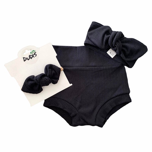 Black Rib Knit Bummies and/or Top Knot Headband Set, Baby Girl Cute Outfit, Diaper Cover, Toddler High Waisted Shorts, Black Helloween Set