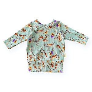 Dried Floral on Sage Rib Dudis Pullover, Children’s Sweatshirt, Handmade Kids Sweater, Floral Girl Top, Green Mint Rib Spring Toddler Top
