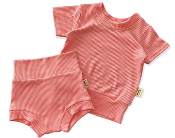 Rib Pink Dudis Summer Lounge Set, Handmade Kids Tee and Shorts Set, Summer holiday outfit, Newborn Clothes, Baby gift Toddler Fashion Outfit