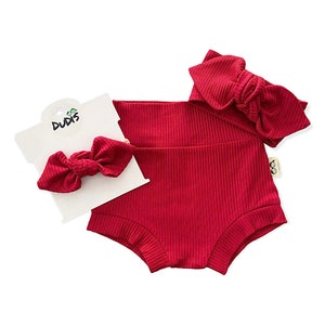 Red Rib Bummies and/or Top Knot Headband Set, Baby Girl Cute Outfit, Diaper Cover, Toddler High Waisted Shorts, Valentine's Day Outfit