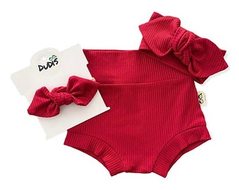 Red Rib Bummies and/or Top Knot Headband Set, Baby Girl Cute Outfit, Diaper Cover, Toddler High Waisted Shorts, Valentine's Day Outfit