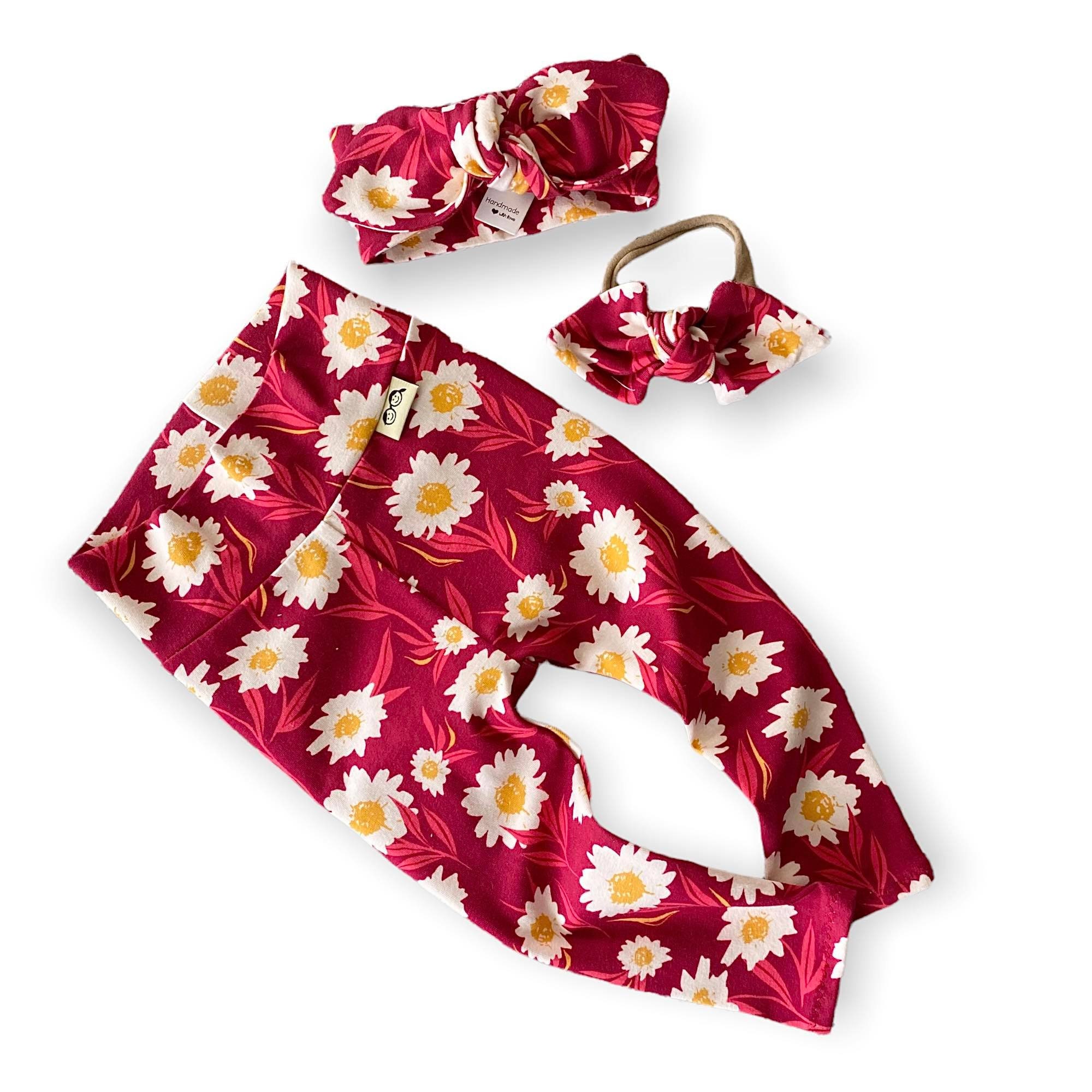 Mums Flowers on Burgundy Leggings And/or Top Knot Headband Set