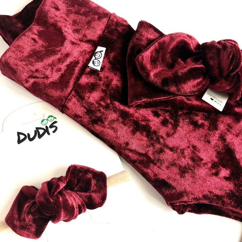 Newborn Coming Home Outfit Burgundy Velvet Leggings and Top Knot Headband Set Baby Girl Clothes Preemie Christmas