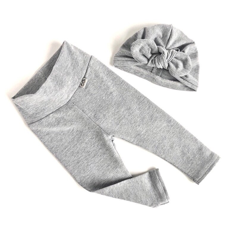U CHOOSE COLOR Newborn Coming Home Outfit Heather Grey Baby Girl Leggings and Turban Hat Set Preemie Pants and Headwrap