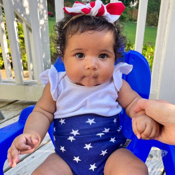 4th of July Bummies and/or Tiny Knot or Top Knot Headband Set, Patriotic Baby Girl Clothes, Toddler Diaper Cover, Cute High Waisted Shorts