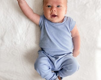 Blue Rib Harem Romper, Baby Clothing, Baby Romper, Baby Girl Romper, Baby Boy Romper, Unisex Baby Jumpsuit, Summer Baby Onepiece, Jeans Blue