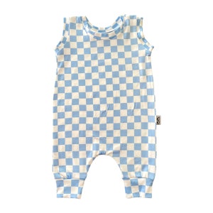 Blue Retro Checkered Harem Romper, Baby Clothing, Baby Romper, Baby Girl Romper, Summer Baby Romper, Unisex Baby Sleeveless Summer Jumpsuit