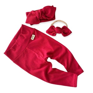 Red Rib Leggings and/or Top Knot Headband Set, Unisex Boho Baby, Preemie Girl Clothes, Newborn Coming Home Outfit, Cute Toddler Pants