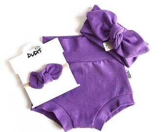 Baby Girl Purple Bummy and/or Top Knot Headband Set / Babygirl Outfit / Baby, Toddler Diaper Cover / High Waist Shorts