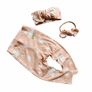 Minimal Floral Blush Rib Leggings and/or Top Knot Headbands Set, Preemie Girl Clothes, Newborn Coming Home Outfit, Baby Pants & Bows