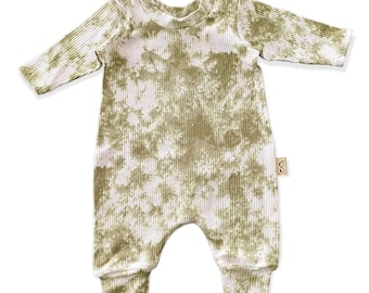 Olive Green Tie Dye Long Sleeve Harem Baby Clothing, Baby Girl Romper, Baby Boy Romper, Unisex Baby Jumpsuit, Baby Yoga, Holiday Outfit