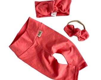 VOUS CHOISISSEZ LA COULEUR / Leggings et/ou bandeau corail, tenue de bébé fille, leggings de fille nouveau-née, ensemble de bébé fille qui rentre à la maison, petit nœud à nœud supérieur