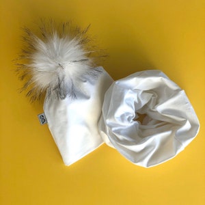 White Faux Fur Pom Pom Beanie and Infinity Scarf Set / Unisex Winter Fall Set / Newborn, Baby, Toddler, Kids Slouchy Pompom Hat