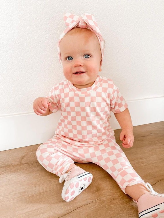 Pink Retro Checkered Harem Short-sleeve Romper, Baby Clothing