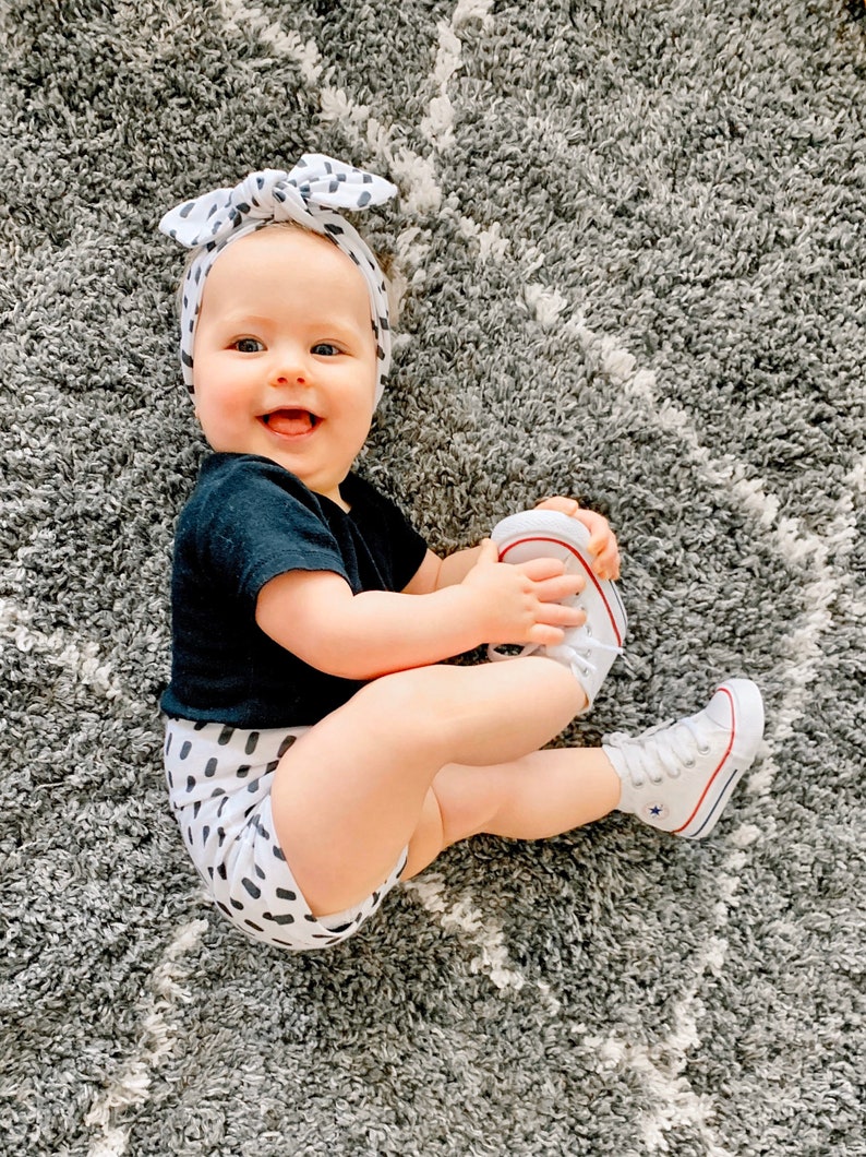 Baby Girl Clothes Cute High Waisted Shorts Toddler Diaper Cover Black Dashes on White Bummies and Tiny Knot or Top Knot Headband Set