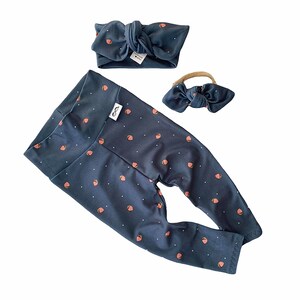 Strawberries on Navy Blue Leggings and/or Top Knot Headband Set, Preemie Girl Clothes, Newborn Coming Home Outfit, Cute Toddler Pants