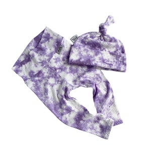 Baby Purple Tie Dye Rib Leggings and Knot Hat, Preemie Unisex  Clothes, Newborn Coming Home Outfit, Baby Pants and Beanie Soft Gift Set