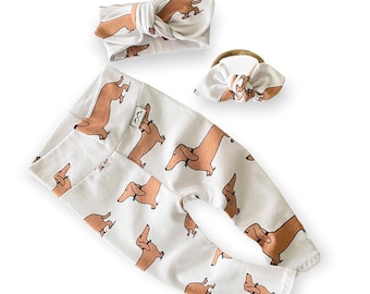 Dachshund Wiener Dog Leggings and/or Headband, Preemie Girl Clothes, Newborn Coming Home Outfit, Pet Print Baby Girl Set