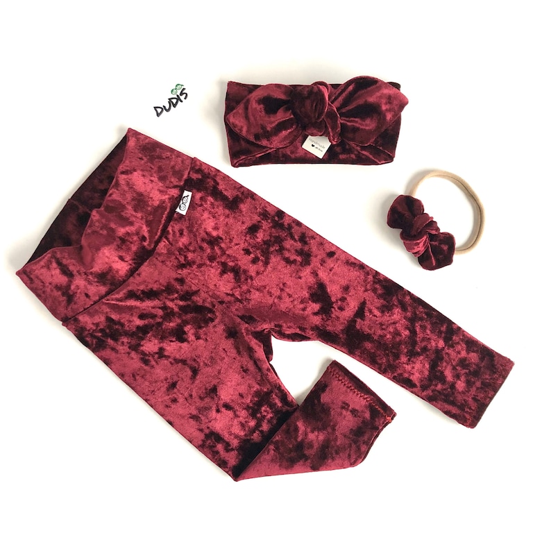 Newborn Coming Home Outfit Burgundy Velvet Leggings and Top Knot Headband Set Baby Girl Clothes Preemie Christmas