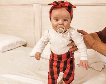 Red Buffalo Plaid Leggings and/or Top Knot Headband Set, Baby Girl Christmas Outfit, Newborn Coming Home Outfit, Preemie Clothes