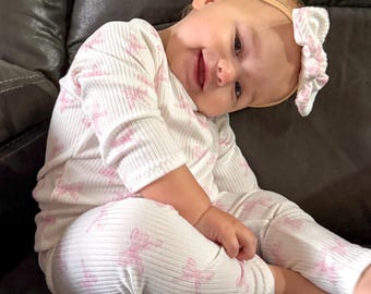 Pink Bows Ribbed Lounge Set –  Long Sleeve Top & Leggings, Girl Toddler Outfit, Size Preemie to 4T, Cute bow Baby Gift Set,  Baby Girl set