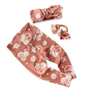 Peace Sign Floral on Mauve Leggings and/or Top Knot Headband Set, Preemie Girl Clothes, Newborn Coming Home Outfit, Cute Toddler Pants