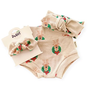 Girls Reindeer Wreaths Bummies and Bow Set Christmas Baby Outfit Cute Holiday Clothes Newborn to Toddler Festive Baby Girl Gift Preemie Set