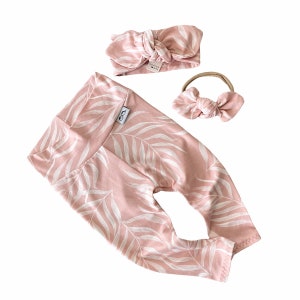 Pink Pampas Leaves Leggings and/or Top Knot Headband Set, Preemie Girl Clothes, Newborn Coming Home Outfit, Cute Toddler Pants