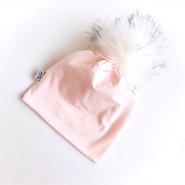 Ballet Pink Faux Fur Pom Pom Beanie, Baby Girl  Winter Hat, Cute Preemie Newborn Toddler Adult Slouchy Pompom Hat