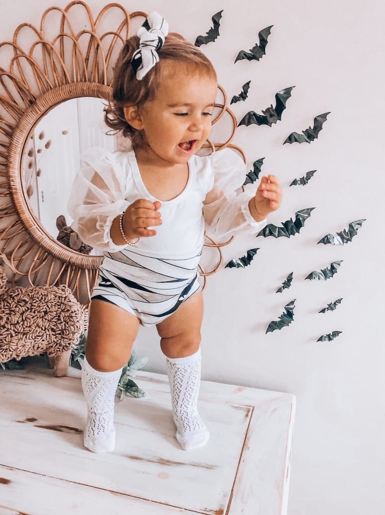 White Mummy Bummies and Top Knot or Tiny Knot Headband Set, Baby Girl Cute Halloween Costume, Diaper Cover, Toddler High Waisted Shorts 