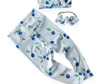 Leggings para bebé con diadema de lazo, conjunto acanalado para niña en azul arándano, leggings para niña pequeña, regalo hecho a mano para bebé, ropa para recién nacida.