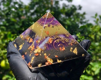 8 Sided Orgone Pyramid - Medium 4x4” Vortex Gizas with Amethyst, Calcite, Topaz, Atomized Metals and More for Home & Personal EMF Protection