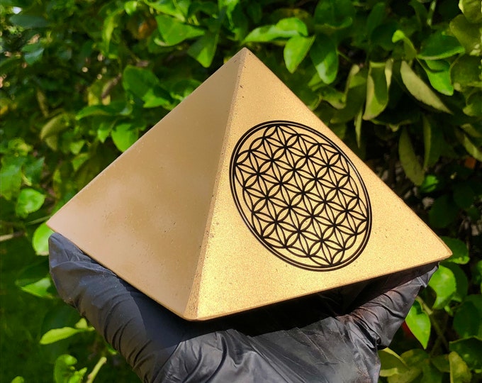 Featured listing image: 8 Sided Gold Jumbo EMF Protector Pyramids 5.5" Atomized Metal Pyramids with Copper Wrapped Quartz, Atomized metals, Shungite and More!