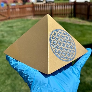 DISCOUNTED Gold Jumbo EMF Protector Pyramids 5.5" Atomized Metal Pyramids with Copper Wrapped Quartz, Atomized metals, Shungite and More!