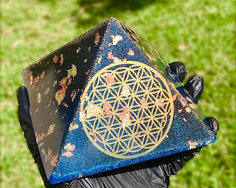 8 Sided Orgone Pyramid - Jumbo Hawaiian Flower of Life Giza 5.5" with Copper Wrapped Quartz, 24K Gold, Atomized metals, Shungite and More!