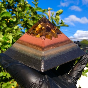 8 Sided Orgone Pyramid - Tiger Eye Protector Giza - EMF Shield - w/ Lazer Quartz, Topaz, Atomized Metals and More