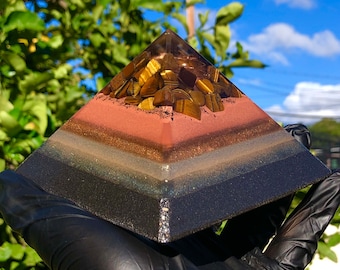 8 Sided Orgone Pyramid - Tiger Eye Protector Giza - EMF Shield - w/ Lazer Quartz, Topaz, Atomized Metals and More