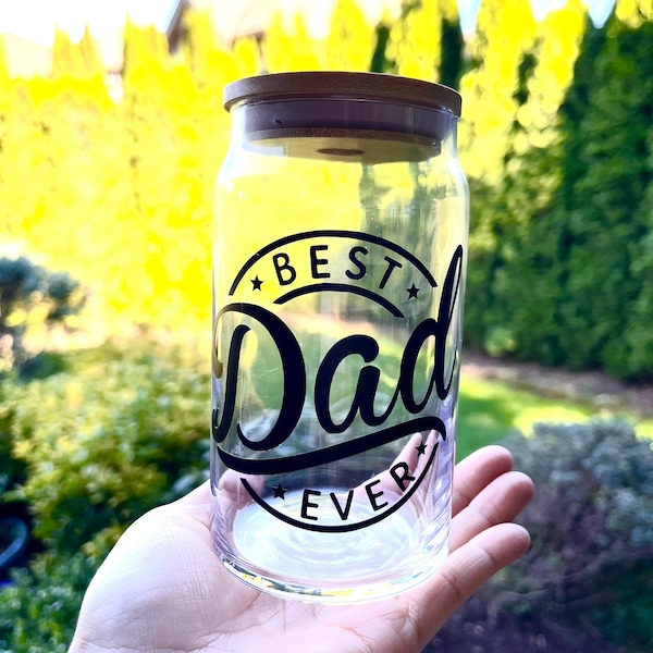 Best Dad Beer Can Cup, Glass Coffee Cup with Lid and Straw, Iced Coffee Cup, Dad Birthday, Father’s day gift