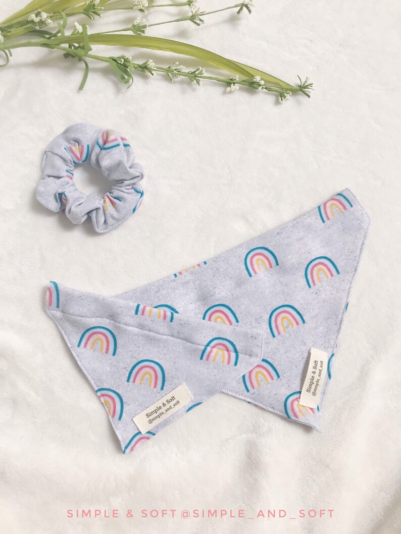 Double Sided Slip on Bandana Scrunchie. Dog Bandana with Matching Scrunchie Rainbow Over the Collar Dog Bandana