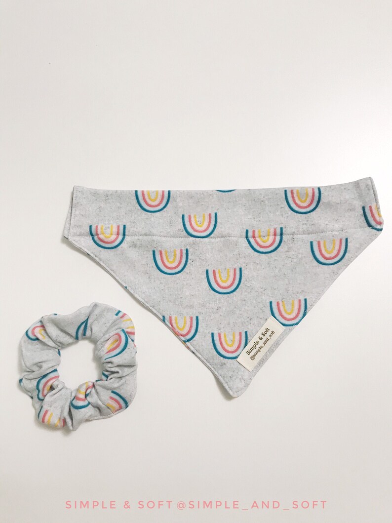 Double Sided Slip on Bandana Scrunchie. Dog Bandana with Matching Scrunchie Rainbow Over the Collar Dog Bandana