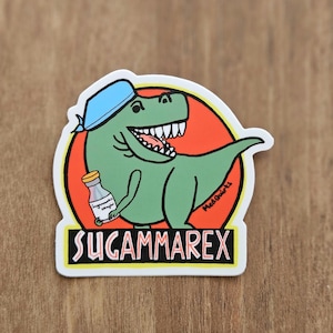 May include: A green dinosaur wearing a blue bandana and holding a bottle labeled 'Sugammarex Vitamins' in its right hand. The dinosaur is smiling with its mouth open and has sharp teeth. The dinosaur is on a red circle with a yellow outline. The text 'Sugammarex' is written in black letters with a red outline below the dinosaur. The text 'Med Quirks' is written in white letters on the red circle.