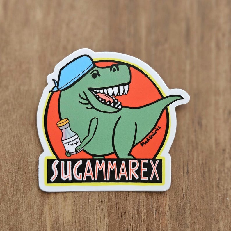 May include: A green dinosaur wearing a blue bandana and holding a bottle labeled 'Sugammarex Vitamins' in its right hand. The dinosaur is smiling with its mouth open and has sharp teeth. The dinosaur is on a red circle with a yellow outline. The text 'Sugammarex' is written in black letters with a red outline below the dinosaur. The text 'Med Quirks' is written in white letters on the red circle.