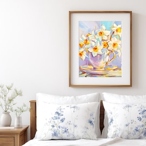 Stampa artistica con narcisi in tazza da tè / Arte murale floreale colorata / Dipinto di fiori primaverili / Decorazione per cucina o sala da pranzo / Regalo per gli amanti dei fiori